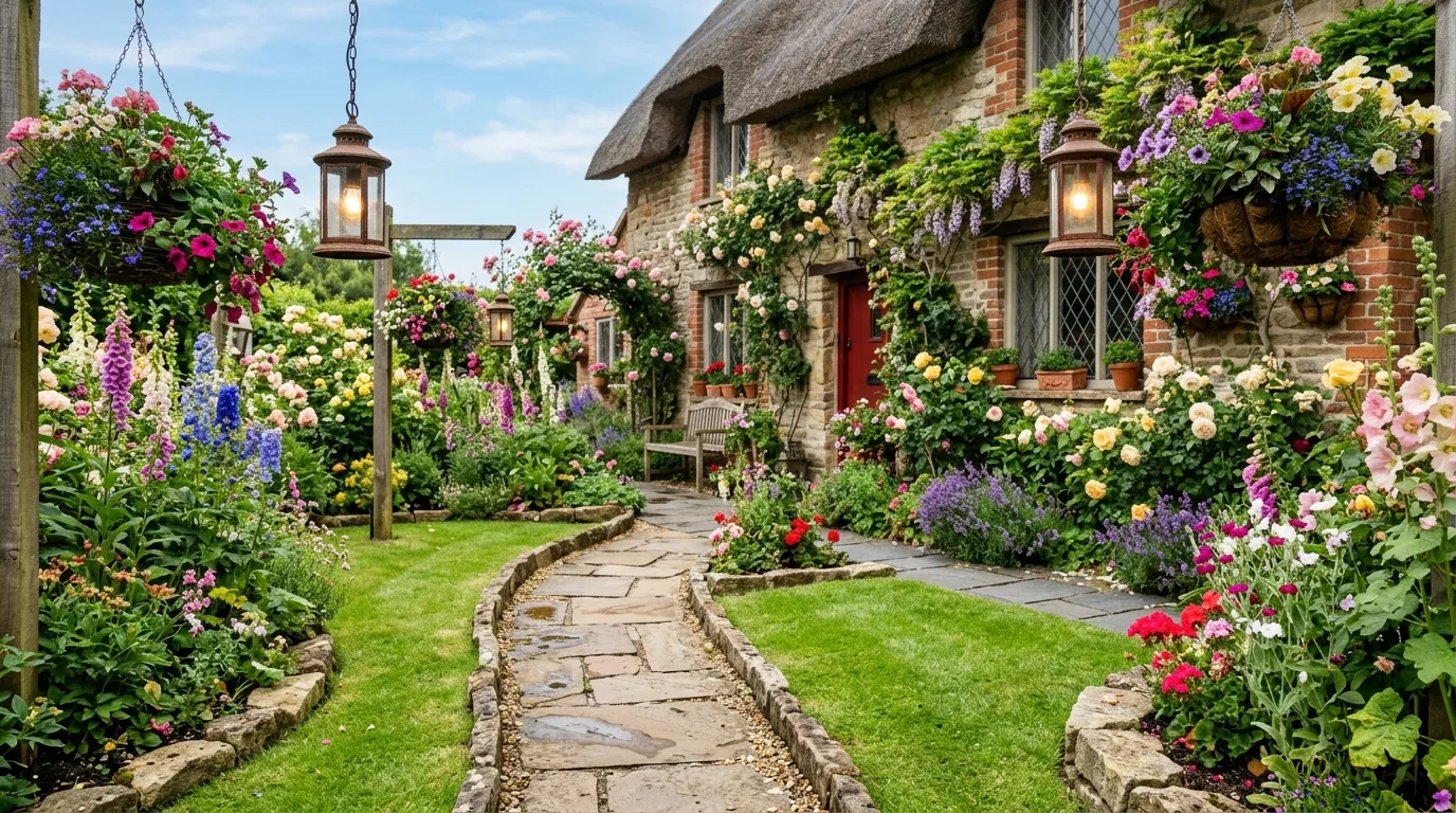 Flower-Filled Garden With Hanging Baskets